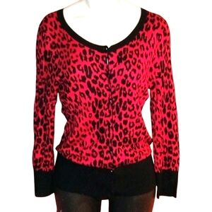 Women's Express Design  2000's Red Black Leopard Print Button Up Cardigan Size M